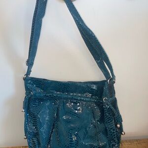 Perlina Blue Snake Leather Hobo Purse Pink Interior NEW